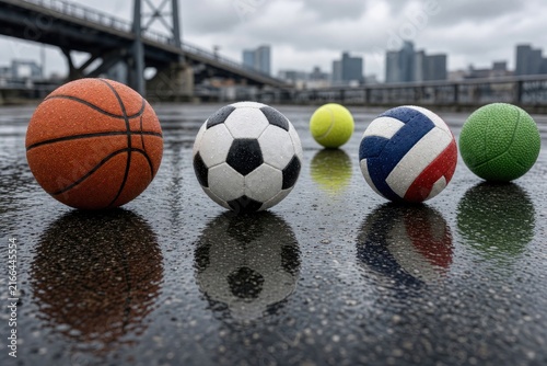 Various sports balls including basketball soccer ball tennis ball volleyball and a green ball sit on wet asphalt with bridge background.