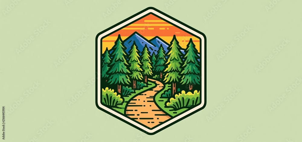 Fototapeta premium Hexagonal forest trail badge in bright colors celebrating outdoor exploration and adventure gear promotion.