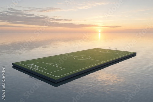 Floating soccer pitch on calm ocean surface during sunset with orange glowing sky reflecting in quiet water providing minimalist unique sport court concept.