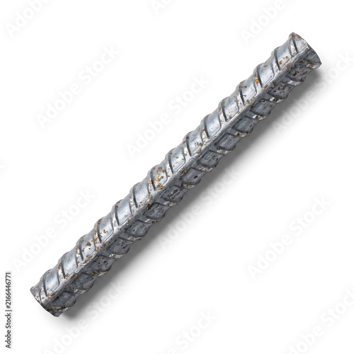 Single steel rebar reinforcement rod on white background