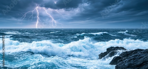 Rugged cliffs battered by crashing waves beneath a stormy sky, showcasing raw natural power and intensity.