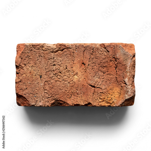 Single old red clay brick isolated on white background
