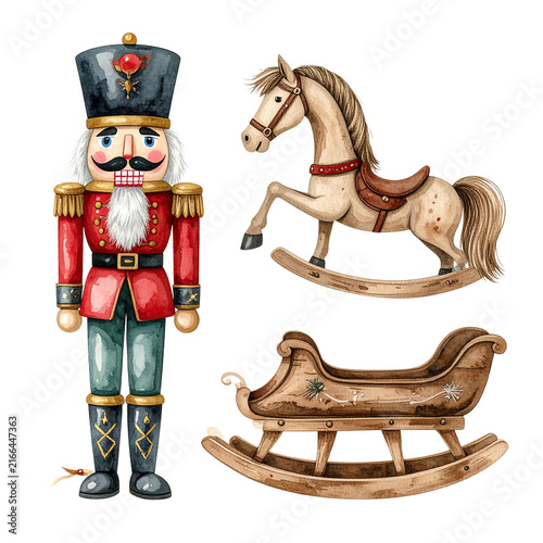 Watercolor Christmas nutcracker soldier with rocking horse and vintage sleigh