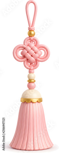 Pink Korean decorative knot norigae with a long tassel, traditional hanbok accessory, 3D illustration isolated on white background