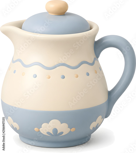 Cream and blue ceramic pitcher with a lid and cloud pattern, Korean traditional tableware, 3D illustration isolated on white background