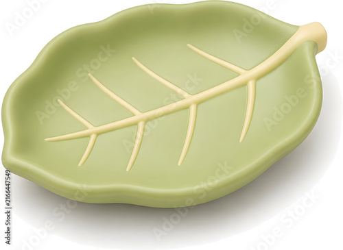 Green leaf shaped ceramic serving dish, Korean traditional tableware, 3D illustration isolated on white background