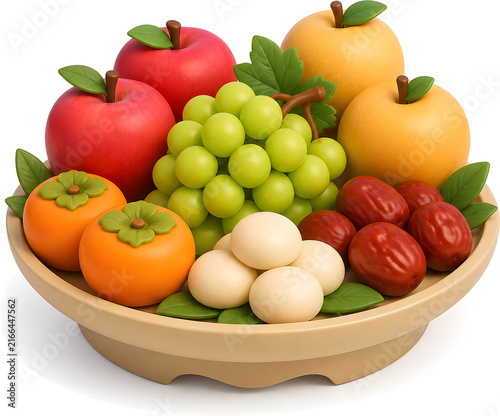 Wooden bowl piled with apples, pears, persimmons, grapes and jujubes, Korean Chuseok ancestral offering, 3D illustration isolated on white background