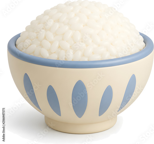 Ceramic bowl of steamed white rice with a blue petal pattern, Korean traditional meal, 3D illustration isolated on white background