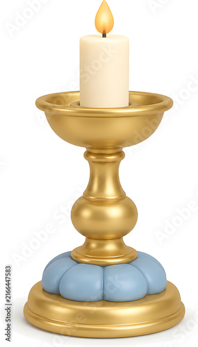 Golden candlestick with a lit white candle and blue lotus base, Korean ritual altar object, 3D illustration isolated on white background