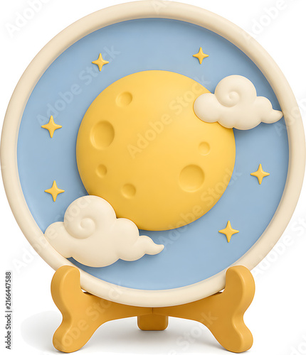 Round decorative plaque of a full moon with clouds and stars on a wooden stand, Korean Chuseok night sky, 3D illustration isolated on white background