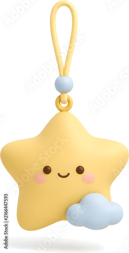 Cute yellow smiling star charm with a blue cloud, night sky ornament, 3D illustration isolated on white background