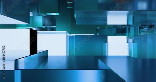 Smooth Camera Pan Right Through Blue Glass Cubes, Abstract 3D Animation Background, Futuristic Technology Blocks with Reflection, Clean Geometric Motion Design, Corporate Video
