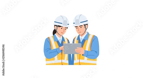 Construction workers illustration using tablet and safety gear