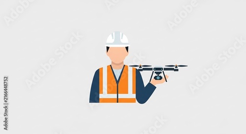 Drone operator in safety vest holding quadcopter for construction