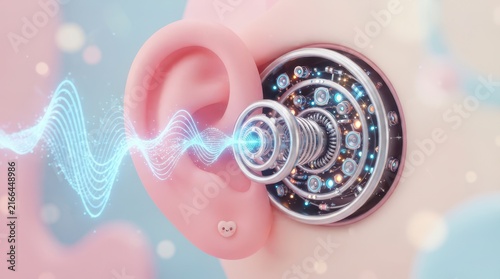 Detailed Illustration of Sound Waves Entering a Futuristic Ear Design with Enhanced Mechanical Elements