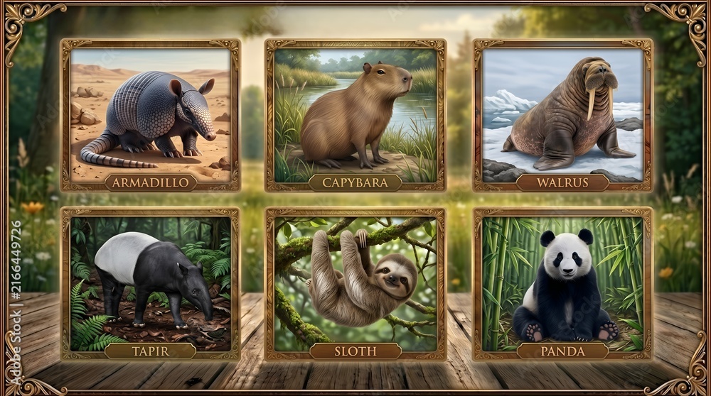Naklejka premium Educational Framed Mammals Set Armadillo Capybara Walrus Tapir Sloth Panda