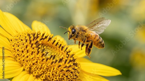 Close-up of Honey Bee Pollinating Vibrant Sunflower on Sunny Day in Nature