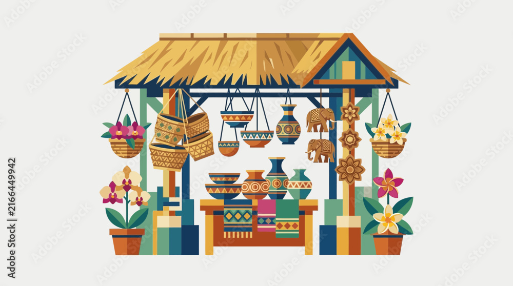 Naklejka premium Tropical Market Stall with Crafts and Flowers
