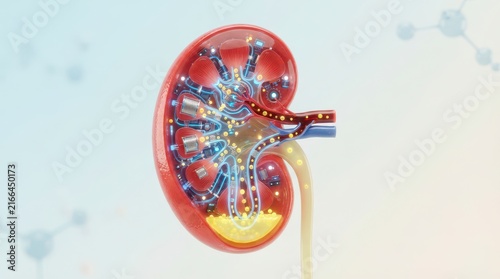 Detailed Cutaway Illustration of Human Kidney Highlighting Filtering Process and Nephron Anatomy for Educational Purposes