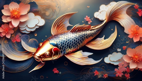 metallic koi textured fish with clouds and blossoms in balance and beauty