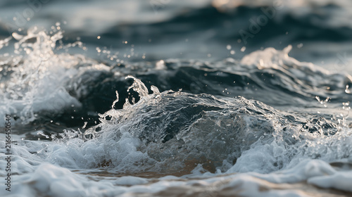 Extreme close-up of ocean waves crashing with foam