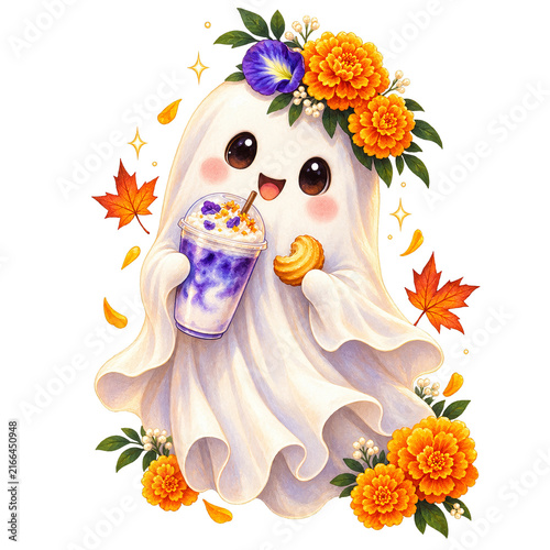 Cute floral ghost holding butterfly pea latte in autumn