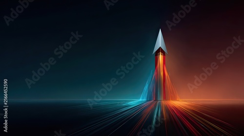 Abstract arrow shaped design with colorful light trails emitting from a central point in a dark space environment