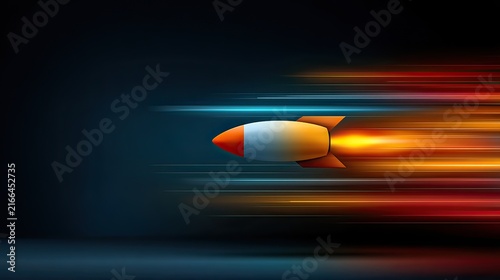 Rocket Launching into the Night Sky with Motion Blur Effect and Vibrant Flames Emphasizing Speed and Power