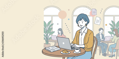 カフェでノートパソコンを使って仕事をする笑顔のビジネスウーマンのイラスト