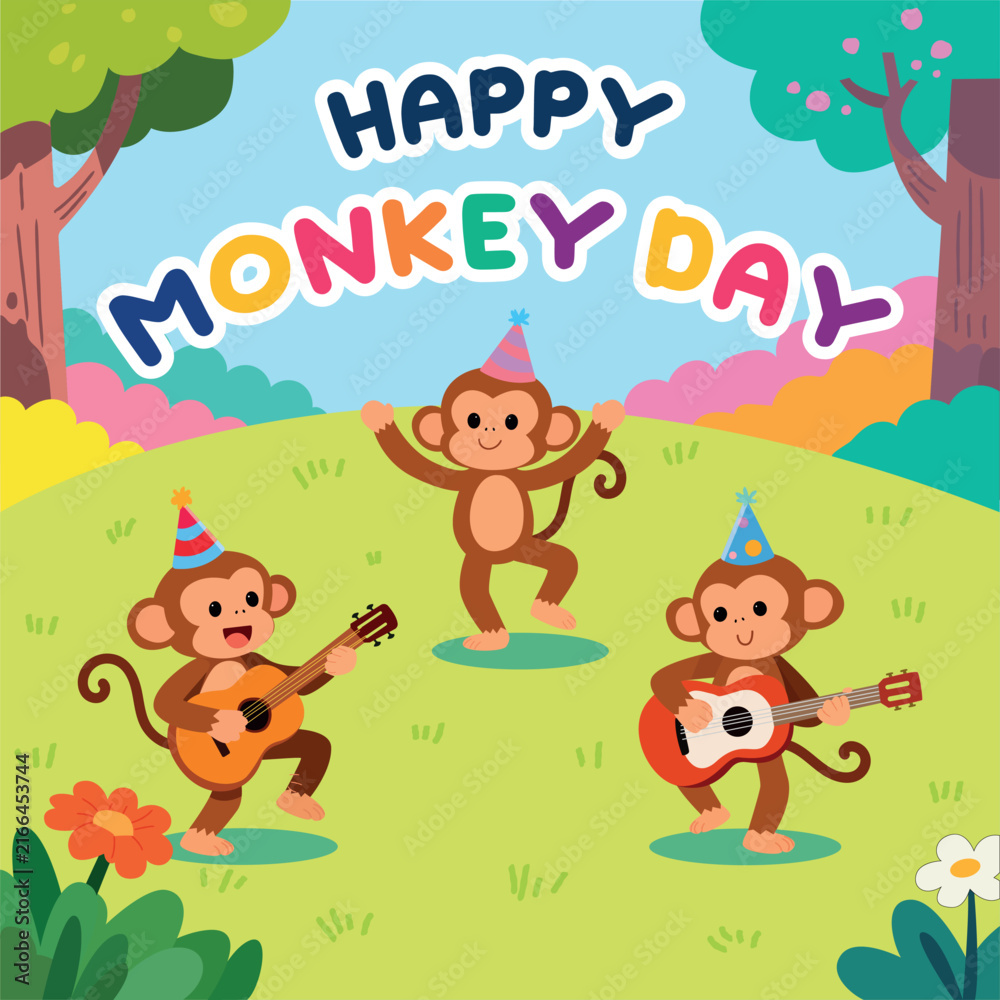 Fototapeta premium Cute Happy Monkey Day celebration illustration featuring three cheerful monkeys wearing colorful party hats, play guitars and dance joyfully in a bright outdoor park, fun and festive cartoon vector