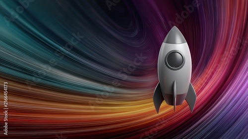 Futuristic Rocket Launching Against a Colorful Swirling Background Representing Innovation and Exploration