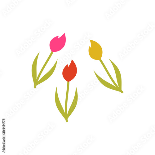 A cute set of three colorful tulip flowers in pink, red, and yellow with green leaves, isolated as a transparent illustration. Perfect for spring designs, floral patterns, and greeting cards.