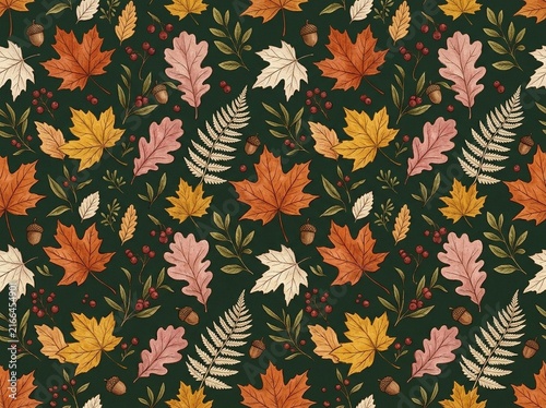 Autumn Leaves Seamless Pattern with Acorns and Berries on Dark Green