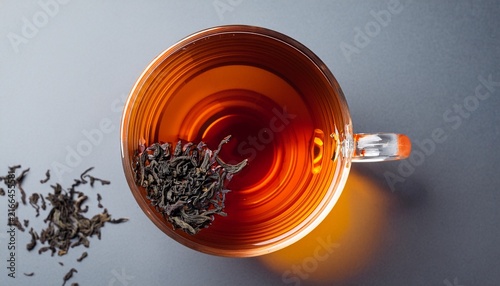 overhead view of amber liquid tea in a clear glass cup with dark loose leaves