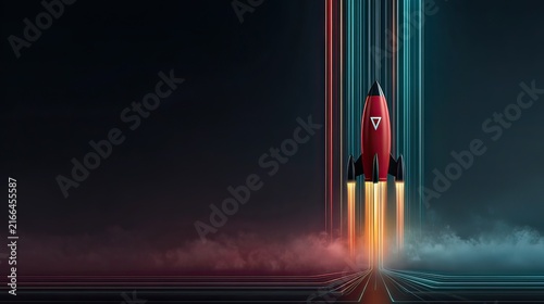 Dynamic Rocket Launch Against Dark Background with Colorful Light Trails and Smoke Effects