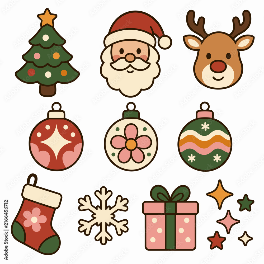 Naklejka premium Christmas Bundle With Tree Santa Reindeer Ornaments