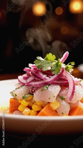 Waiter serving fresh seafood ceviche with red onions and corn in a warm restaurant setting