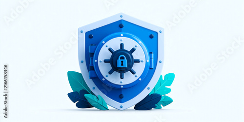 Blue shield encircling a secure vault lock wheel with radiating spokes, framed by soft teal leaves, representing banking security, protected deposits, and trustworthy financial safekeeping