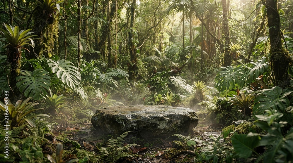 Naklejka premium Natural Stone Podium for Product Display in Lush Tropical Jungle with Monstera Leaves and Soft Mist