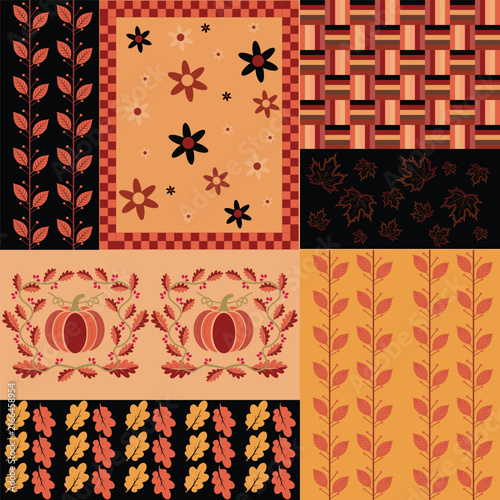 Print Autumn Floral Patchwork Pattern Collection with Pumpkins and Leaves