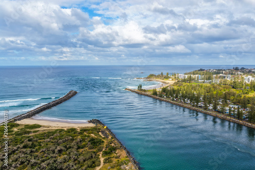 Canvas Print Aerial view of the breakwalls at Port Macquarie with the Hastings River, caravan