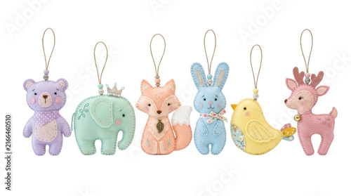 Set of six cute felt animal ornaments isolated on transparent background