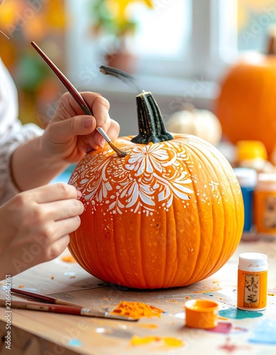 Hands painting a pumpkin with white intricate patterns and small dots with a brush