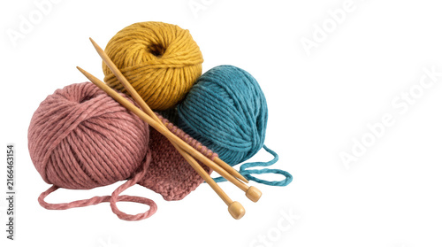Three balls of yarn with knitting needles isolated on transparent background