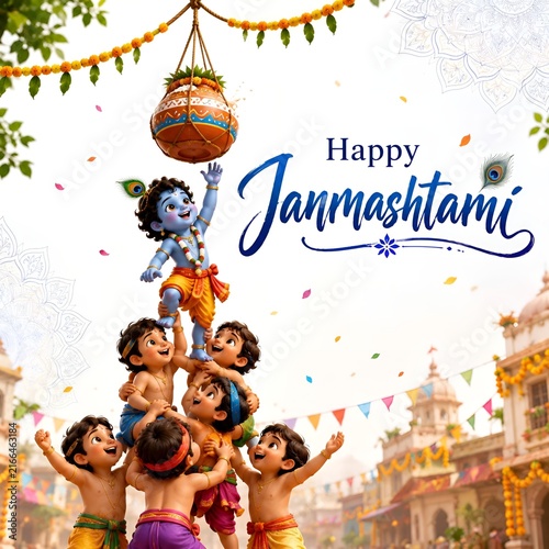 Happy janmashtami human pyramid dahi handi celebration with children and baby krishna reaching for pot hindu festival religious holiday deity idol