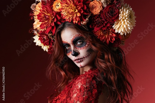 Dia de los Muertos Portrait with Floral Headdress and Skull Makeup