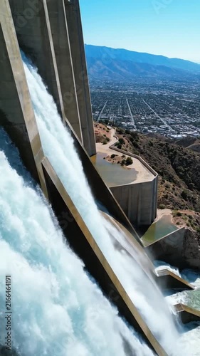 Water cascading down a massive concrete dam spillway with a scenic valley and city background