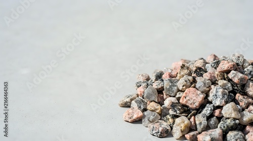 Pile of crushed granite stones and gravel on white sand background