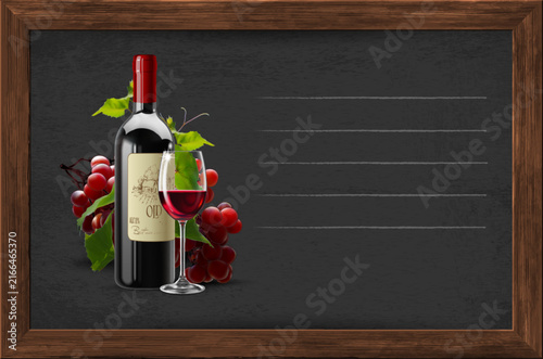 Glass bottle, transparent glass with red wine and a bunch of grapes in the wooden frame. High detailed realistic illustration.