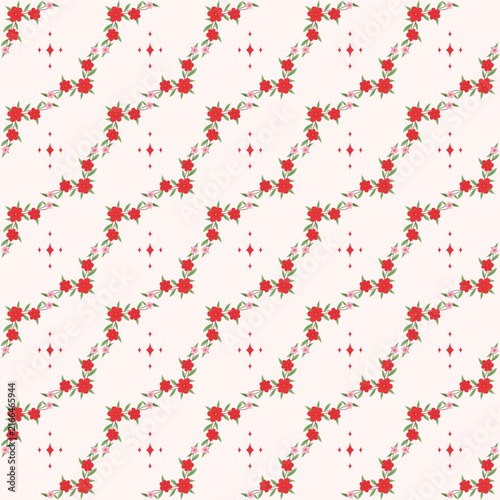 Seamless Geometric Floral Pattern with Red Blossoms and Star Shapes Background. Flower Tiles Pattern. Seamless Background.